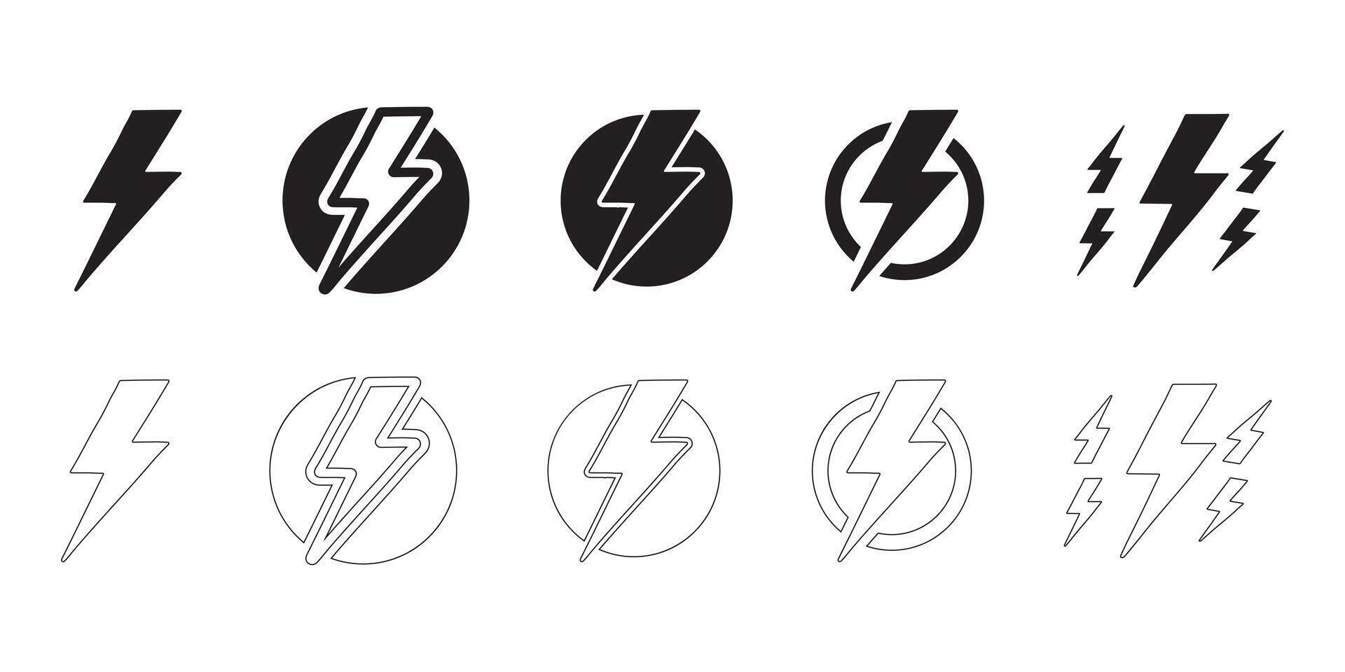 Set of Black and White Lightning Bolt Icons vector