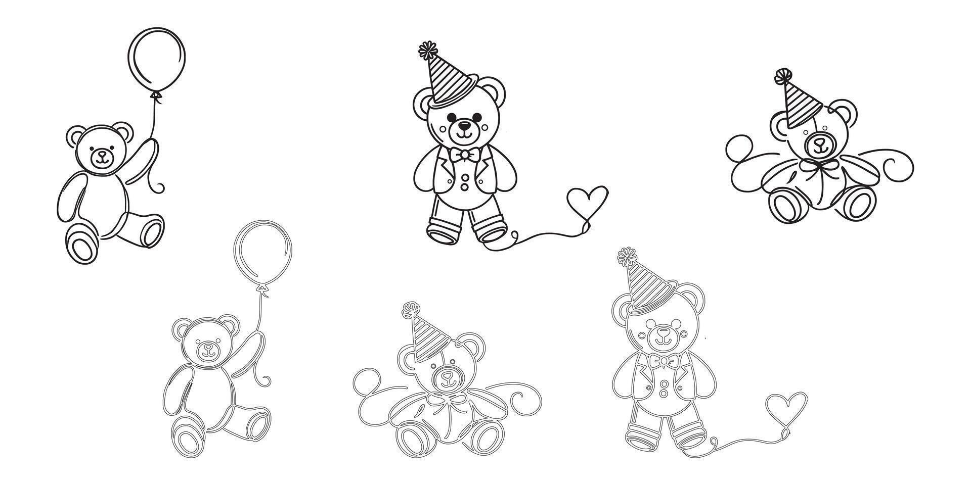 Cute Cartoon Teddy Bears with Party Hats and Balloons, Perfect for Kids' Designs vector