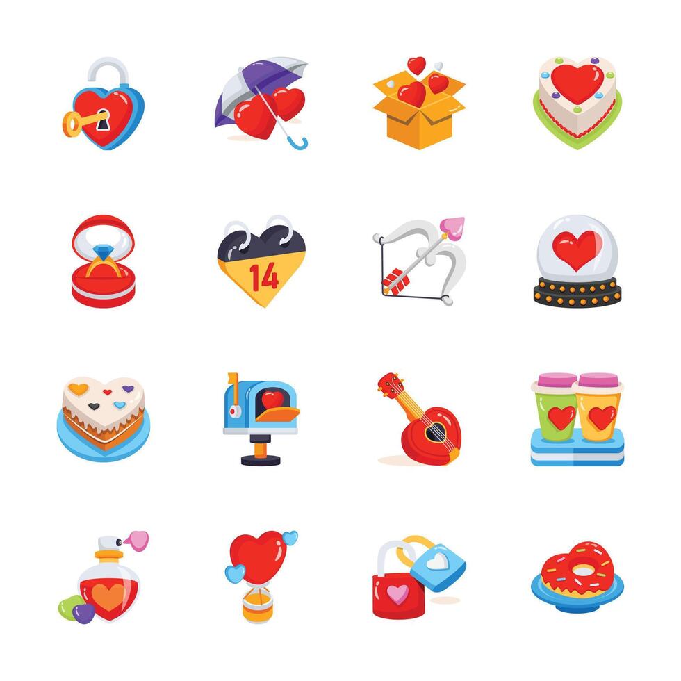 A collection of flat, cartoon style icons celebrating Valentine's Day. vector