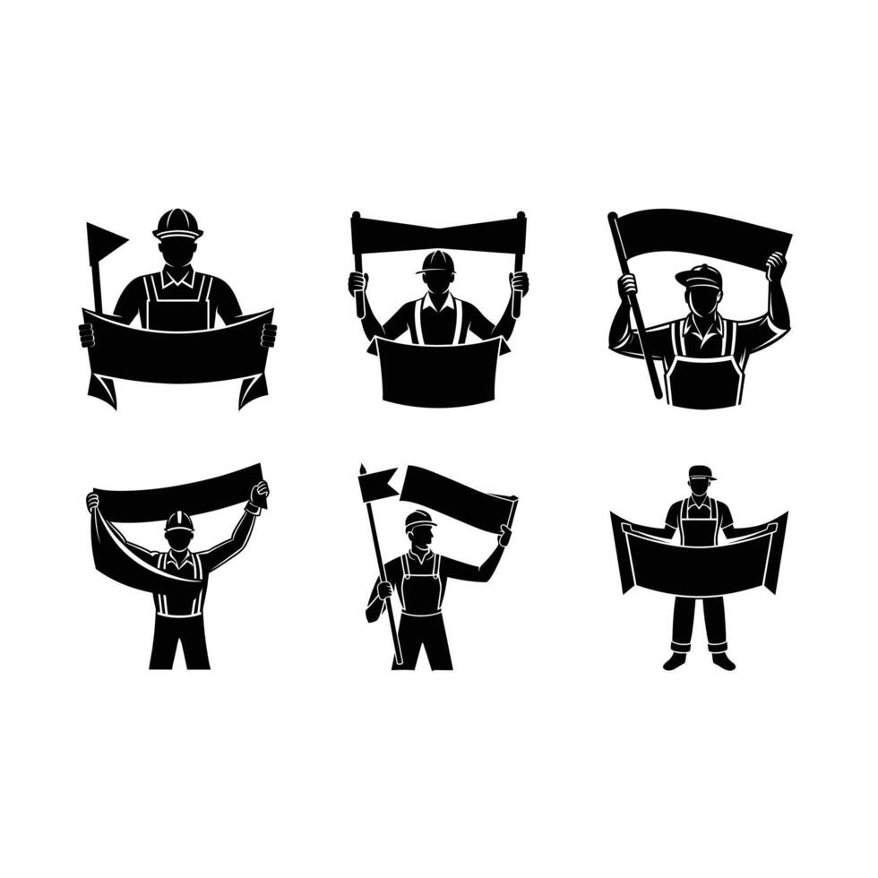 Worker Holding Banner - and Linocut Silhouette Design vector
