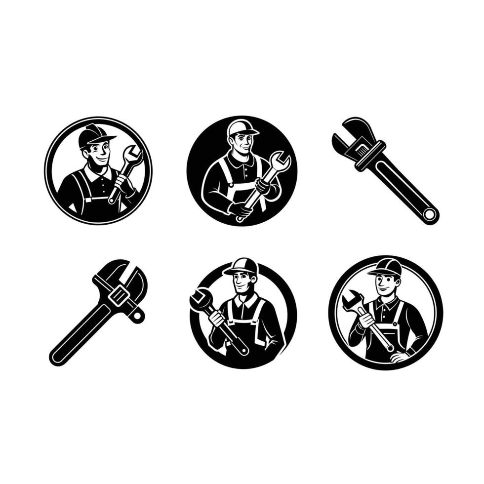 Plumber Wrench and Linocut Silhouette Design vector