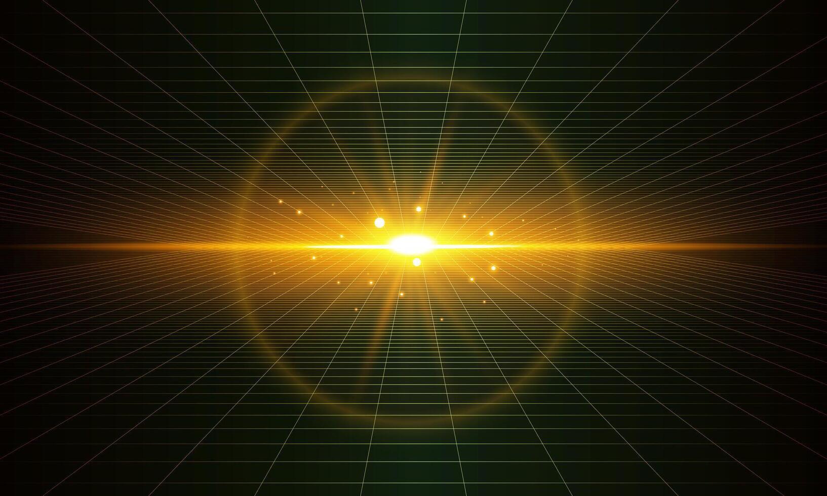 Shining gold light checkered grid planes in dark perspective . Retro futuristic depth wallpaper. Arcade game sci fi matrix surface dimension backdrop for poster, banner. vector