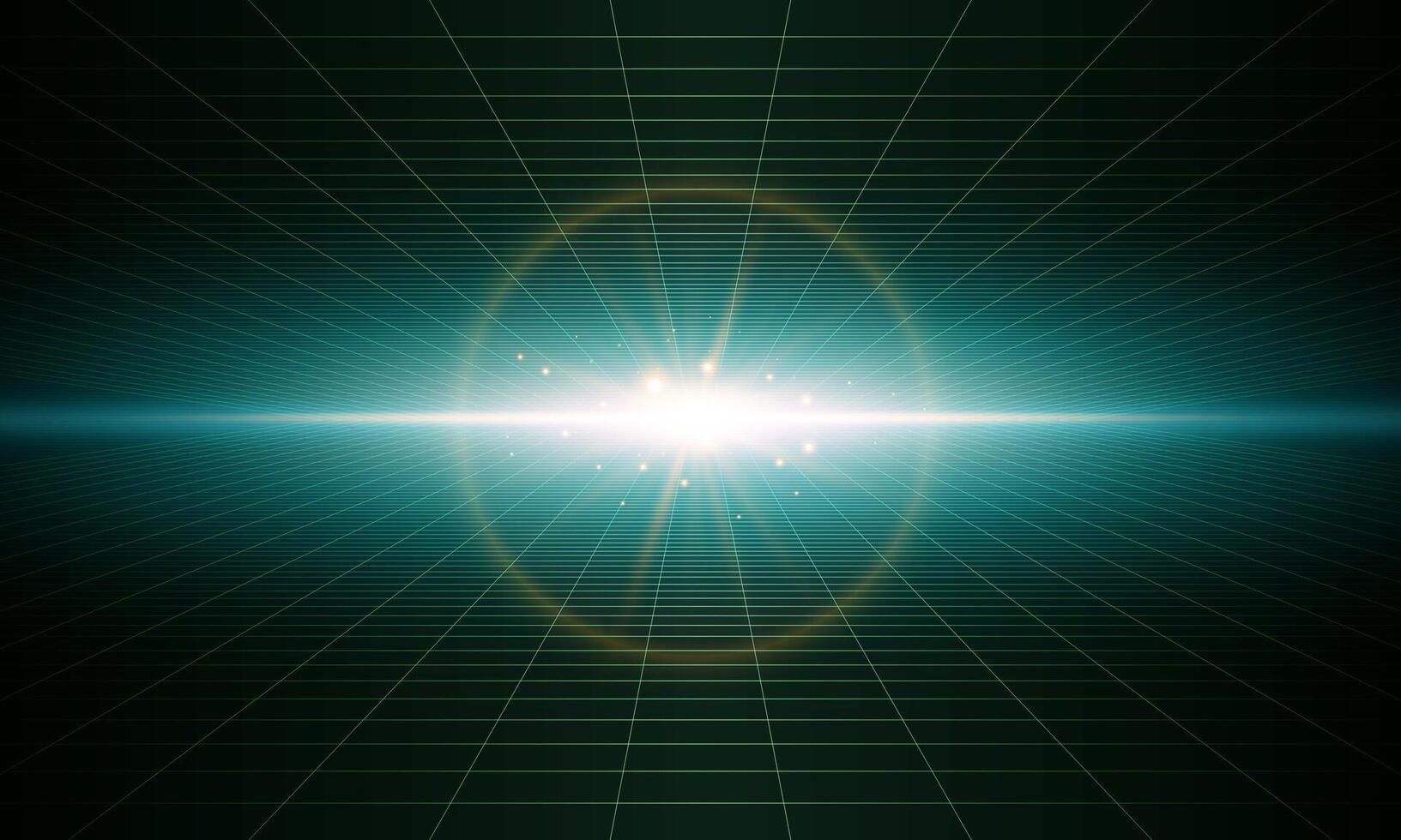Shining light checkered grid planes in dark perspective . Retro futuristic depth wallpaper. Arcade game sci fi matrix surface backdrop. vector