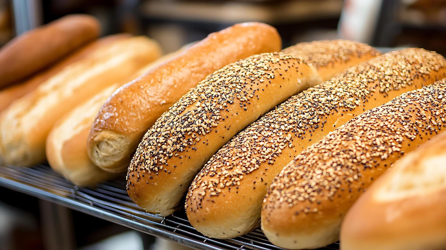 many different types of bread are on display, baked goods photo