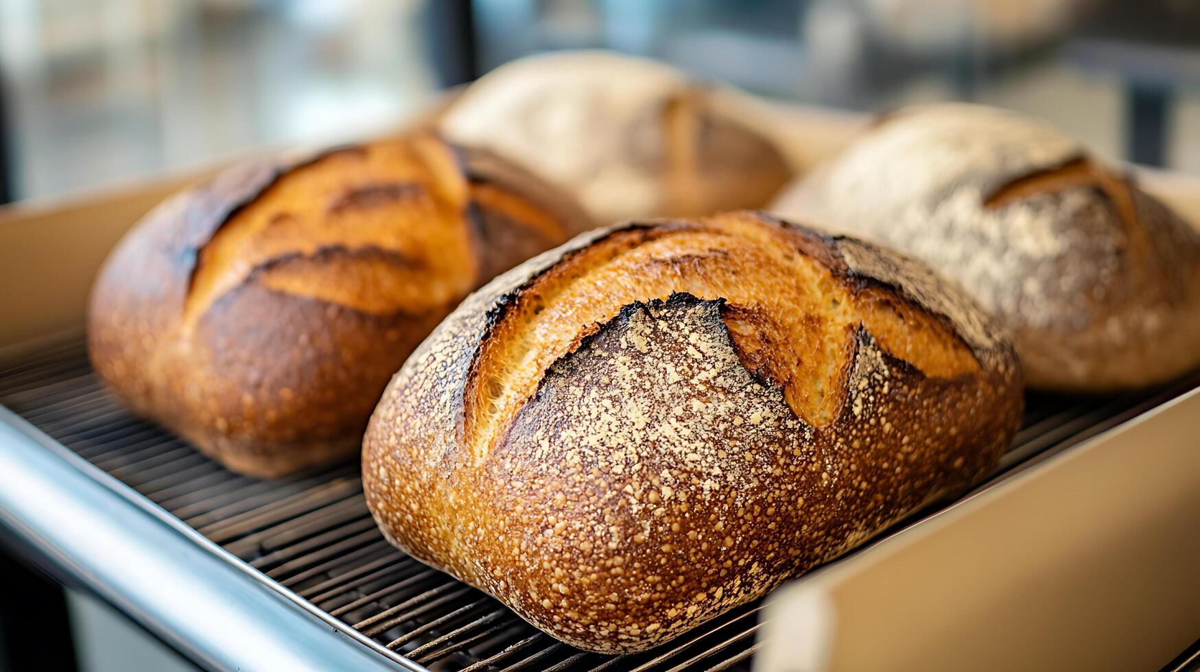breads on a tray in a bakery photo
