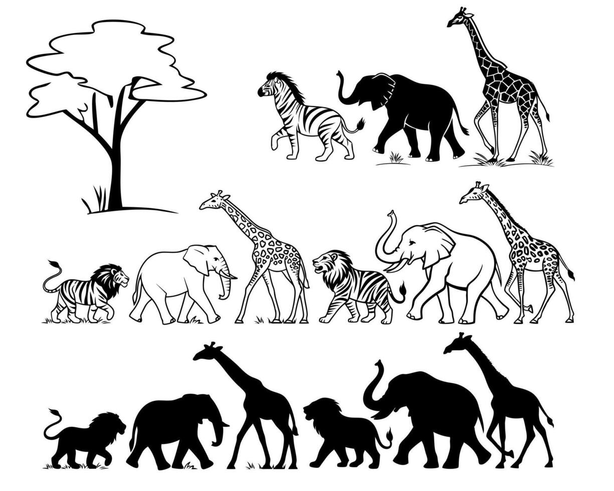 african animals in silhouette, including giraffe, elephant, zebra and more vector