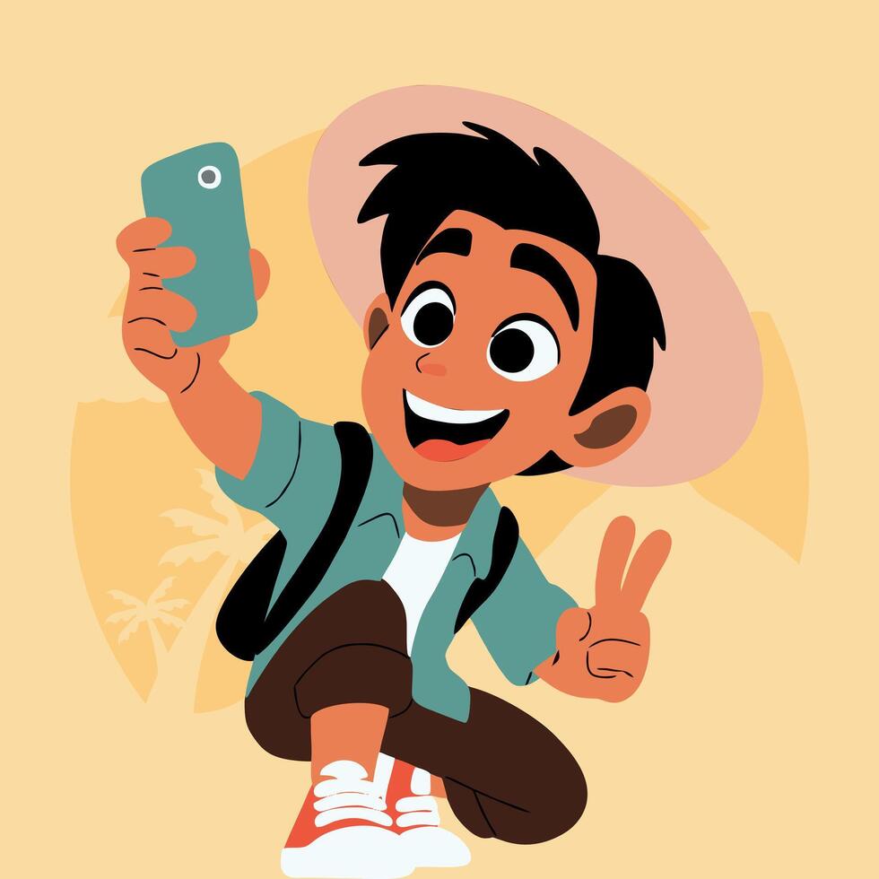 young man take a selfie while traveling vector