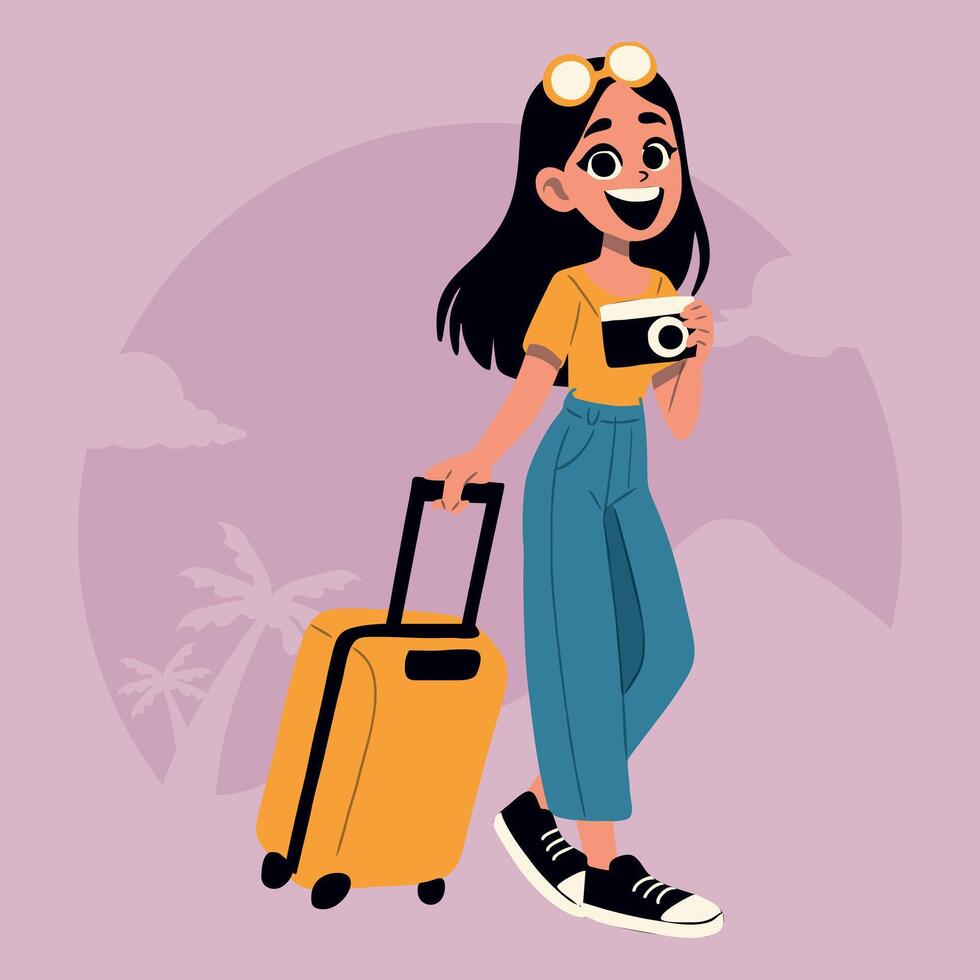 teen girl carrying suitcase and holding camera while traveling vector