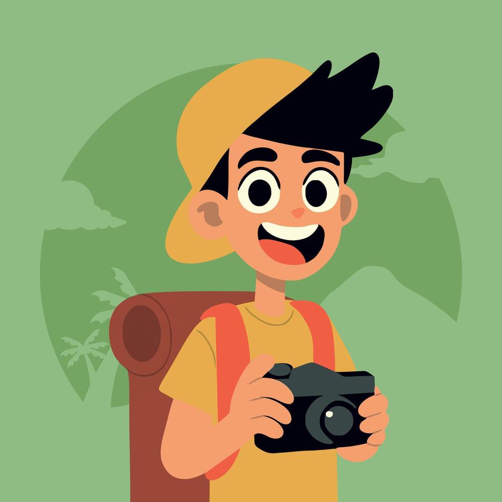 young man holding camera while traveling vector