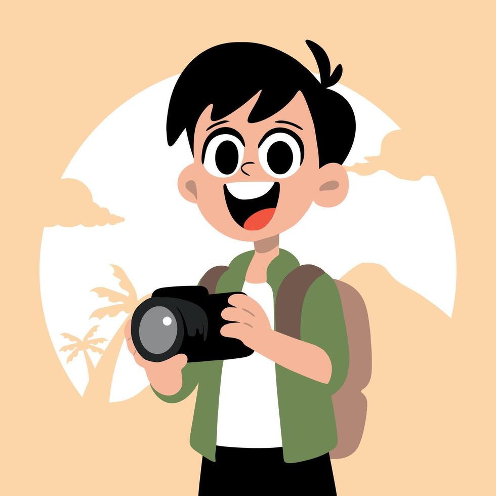 teen boy holding camera while traveling vector
