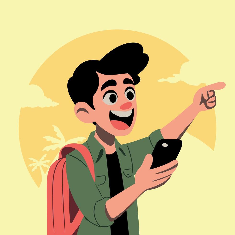 young man look at smartphone to look for addresses vector
