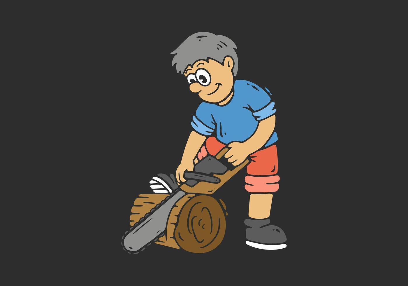 Wood splitter character is splitting wood using a chainsaw. Flat art illustration vector