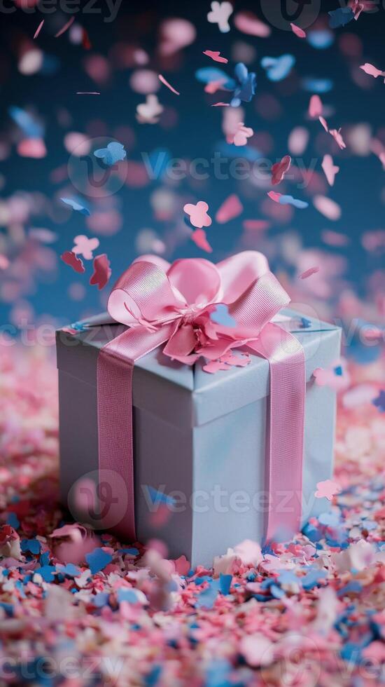 3d Pastel gift box valentine love tied with peach ribbon, adorned with falling confetti against turquoise. Vertical format photo