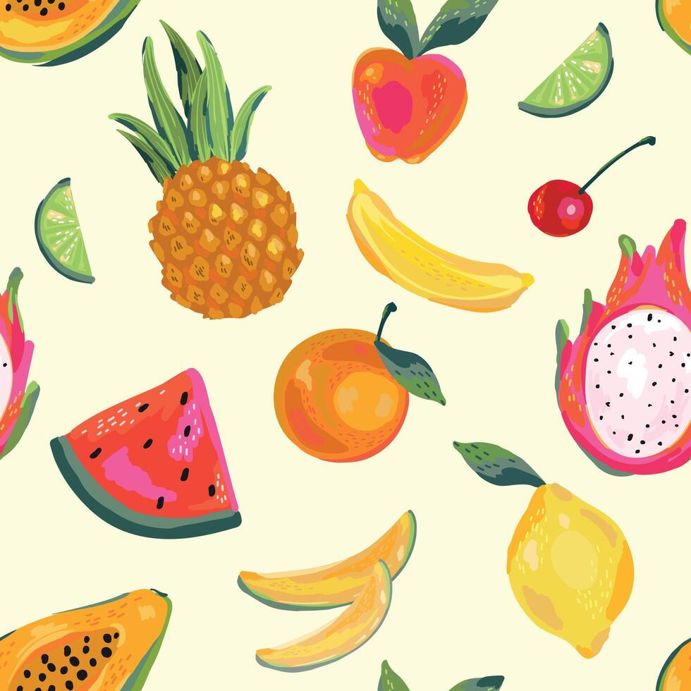seamless pattern features tropical citrus fruits vector