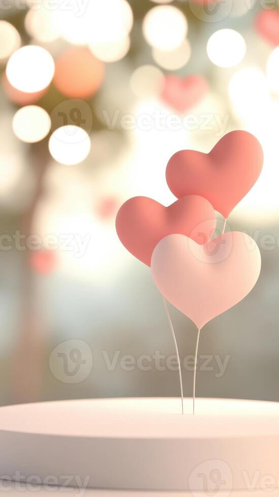 3d Pink heart shaped flowers in white vase, decorative heart, valentine love lantern and string lights creating romantic atmosphere on blurred background. Vertical format photo