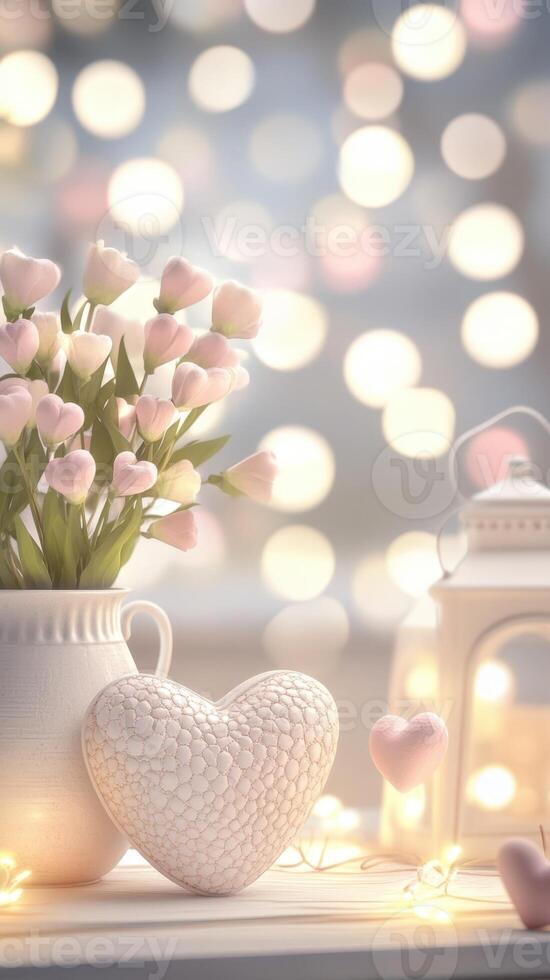 3d Pink heart shaped flowers in white vase, decorative heart, valentine love lantern and string creating romantic atmosphere on blurred background. Vertical format photo