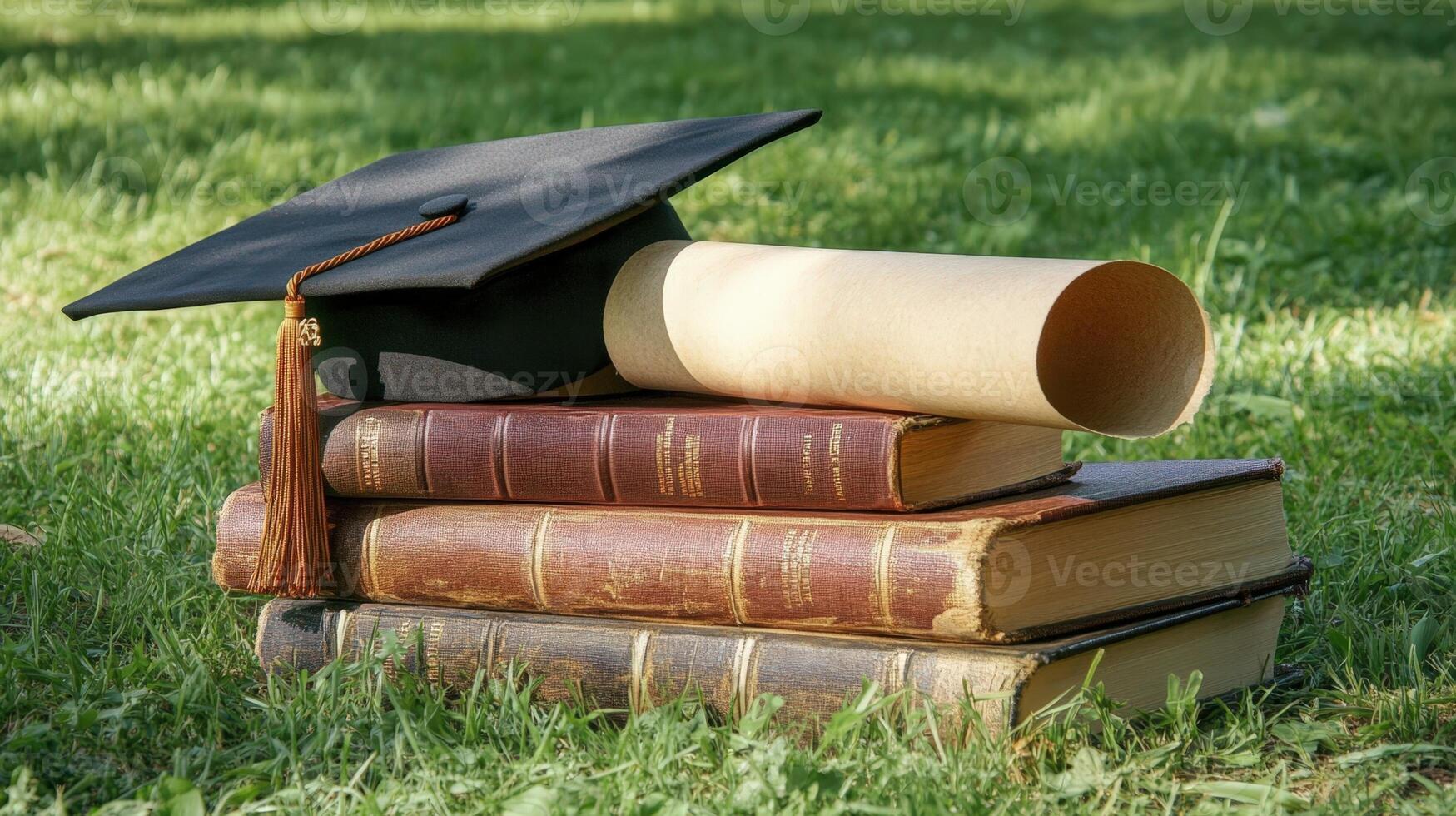 Graduation cap resting on books amid grass, symbolizing scholarly achievement, milestone, educational journey completion photo