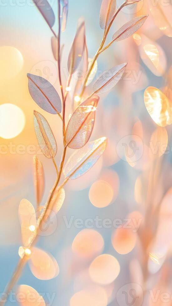 Delicate branch background adorned glowing fairy lights creates a magical bokeh effect, evoking a sense of wonder and tranquility. Vertical format photo
