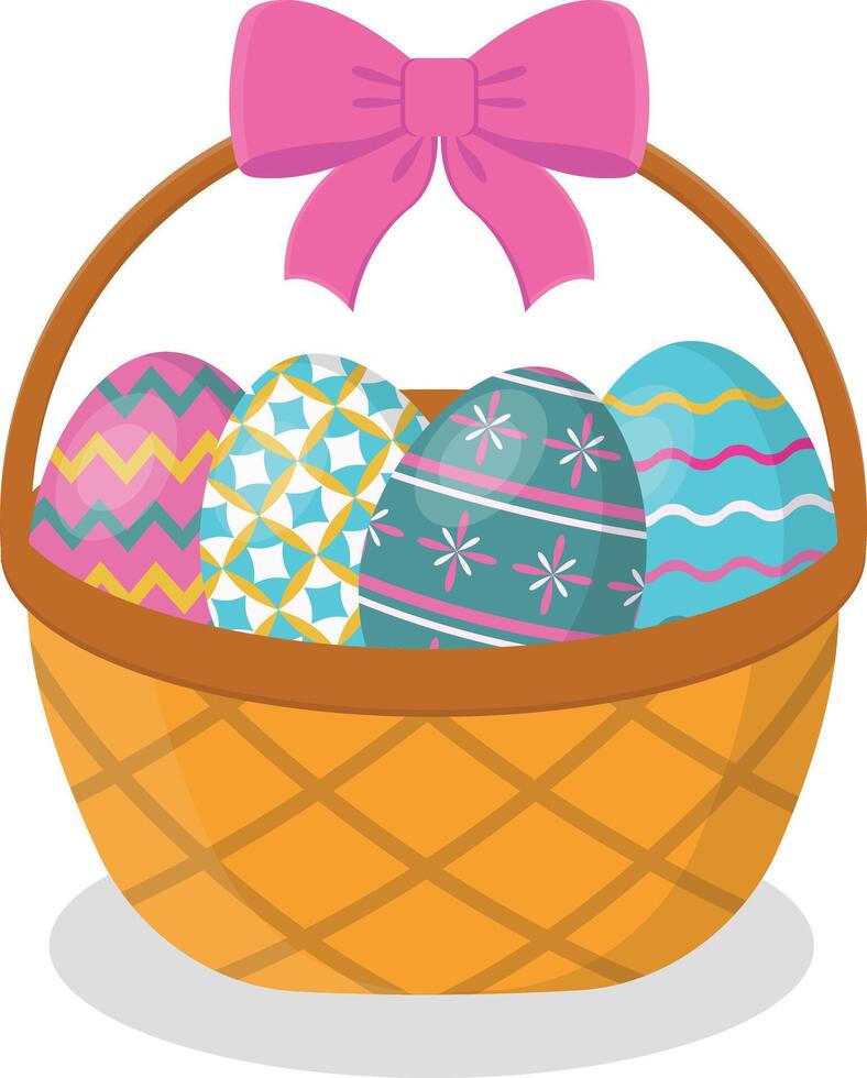Easter basket with colored eggs and bow. vector