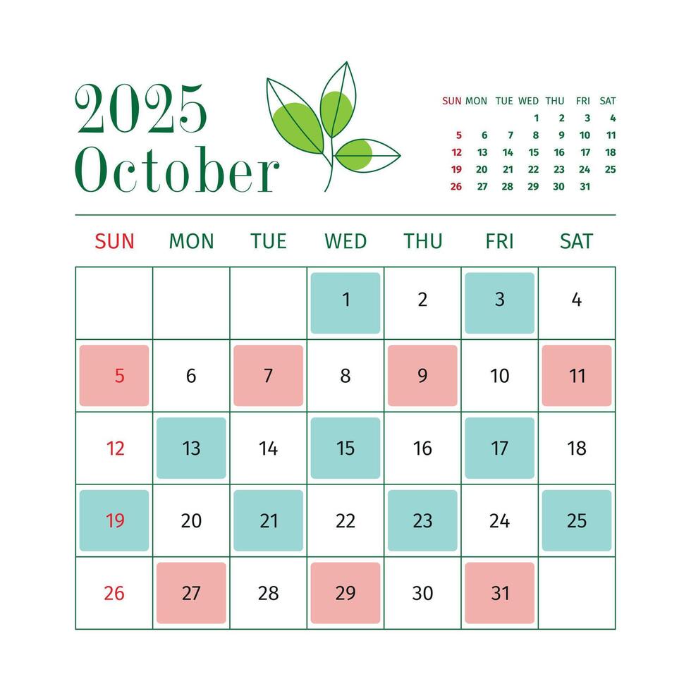 Elegant Nature Inspired October 2025 Calendar with Clean Minimal and Professional Design vector