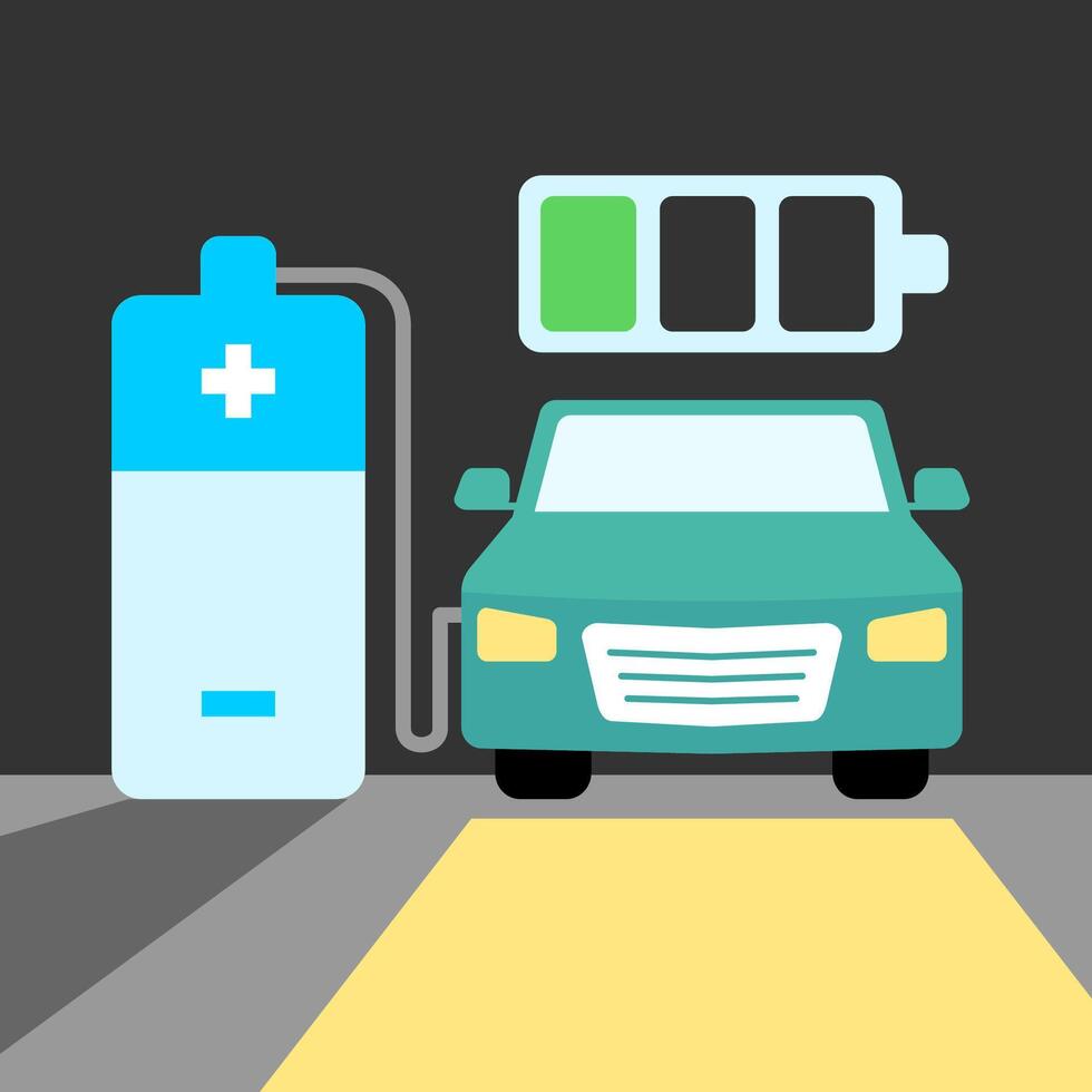 A clean and modern illustration of an electric car charging at a station, symbolizing eco-friendly transportation and sustainable energy solutions. vector