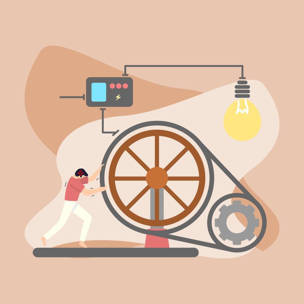 A modern, minimalistic illustration depicting a person generating electricity by manually turning a large wheel. The concept symbolizes renewable energy, human effort, and sustainability. vector