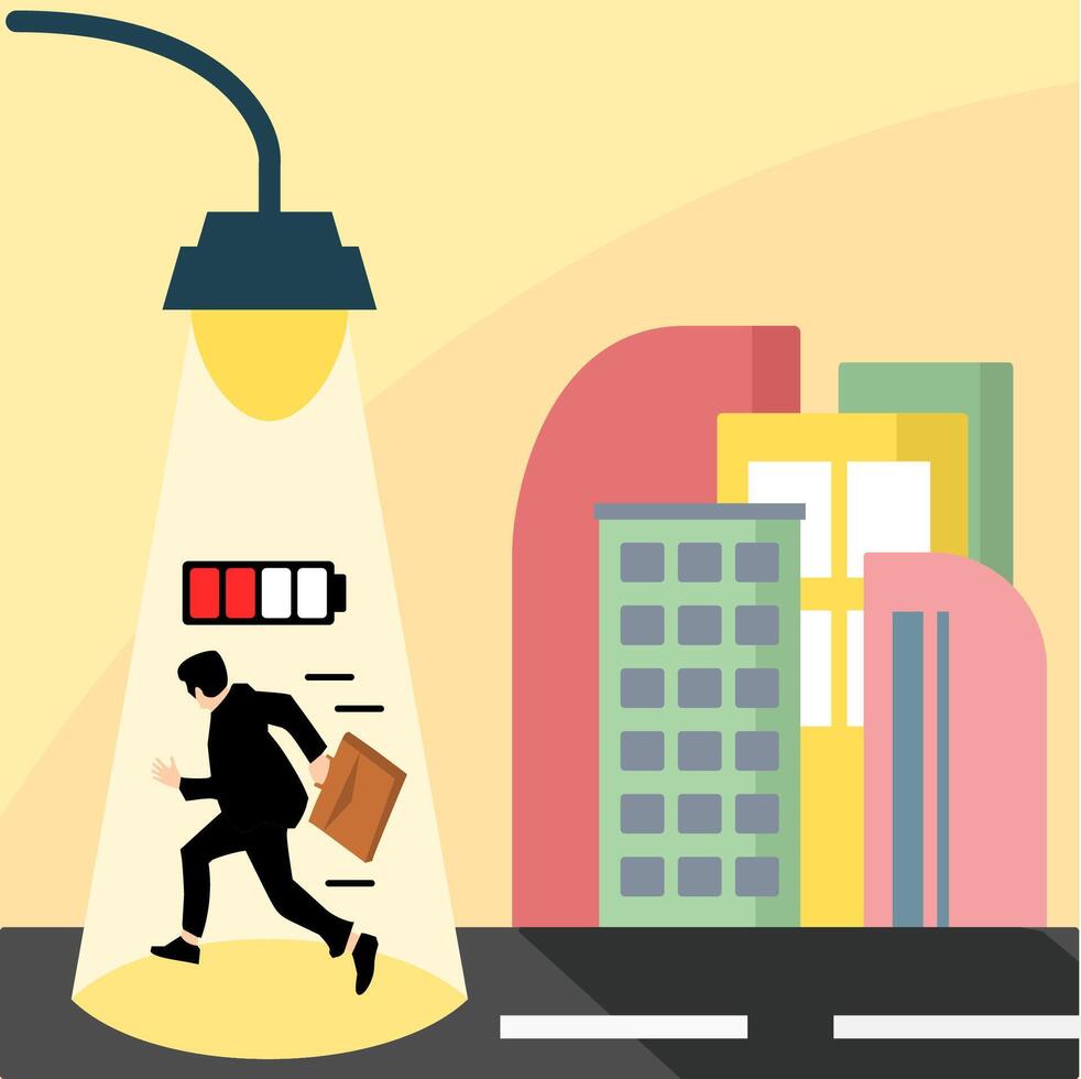 A thought-provoking illustration depicting an exhausted businessman under a streetlight, with a low battery icon symbolizing fatigue and burnout. vector