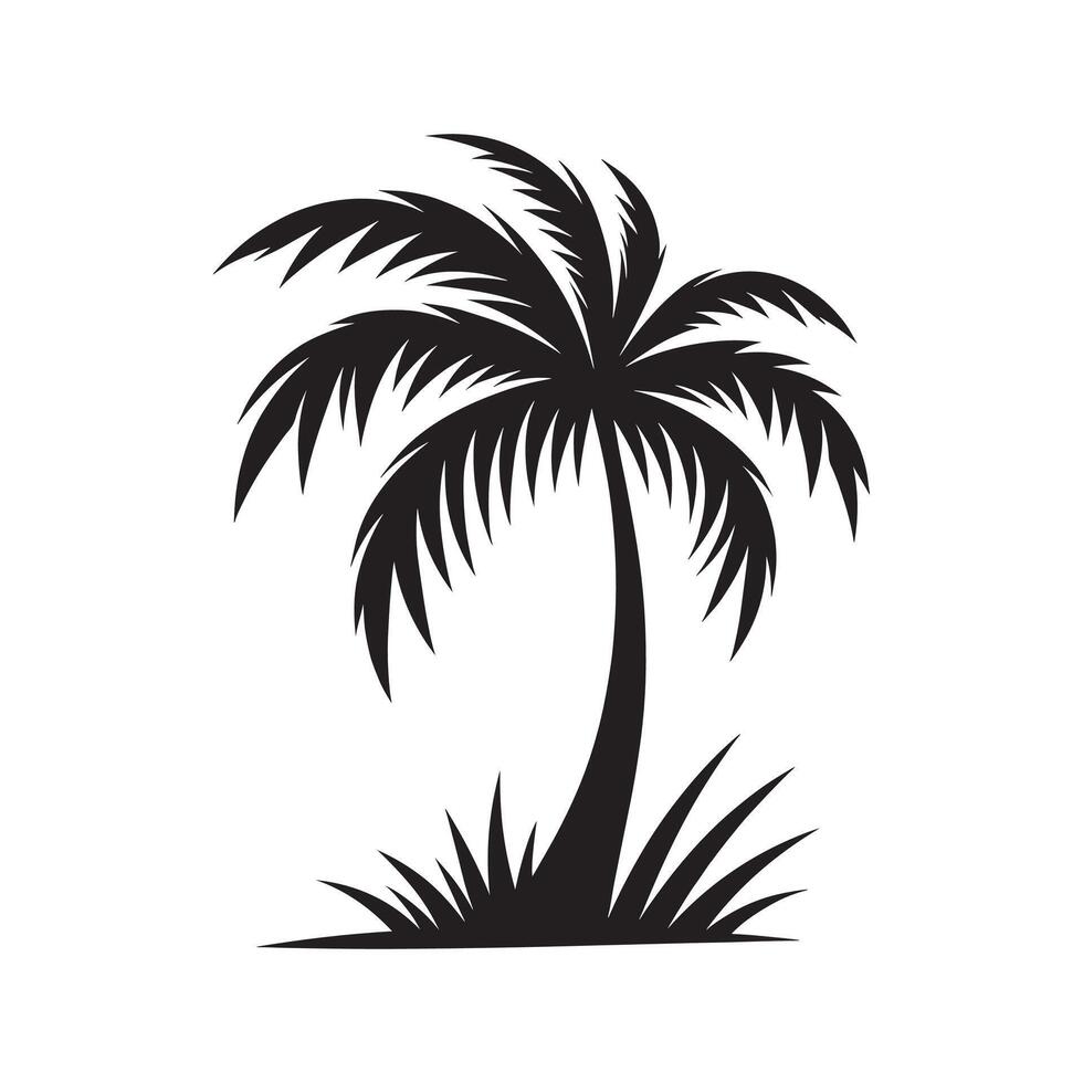 A palm tree and grass silhouette on white background vector
