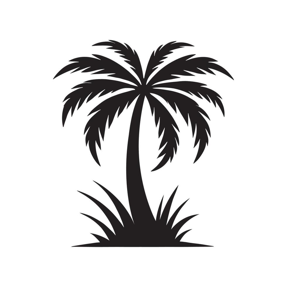 A big palm tree and grass silhouette on white background vector