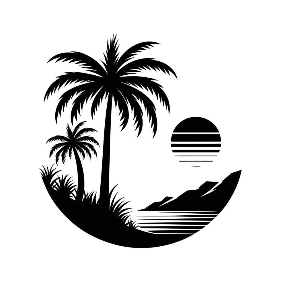 palm trees and a sunset silhouette on a white background vector