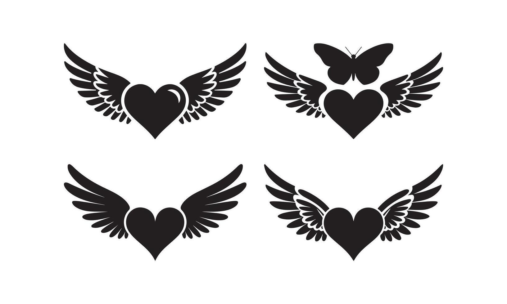 Four Heart with Wings and Butterfly Silhouettes vector