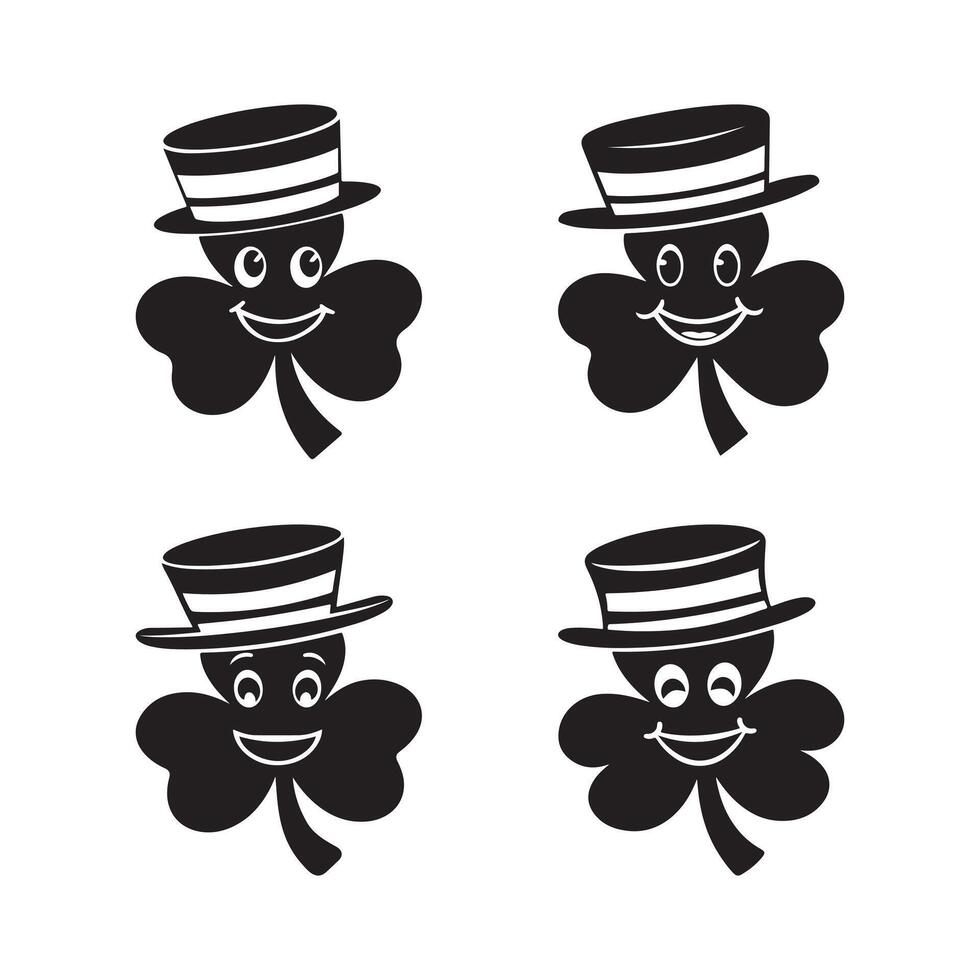 Set of four black and white cartoon shamrocks with expressive faces. vector