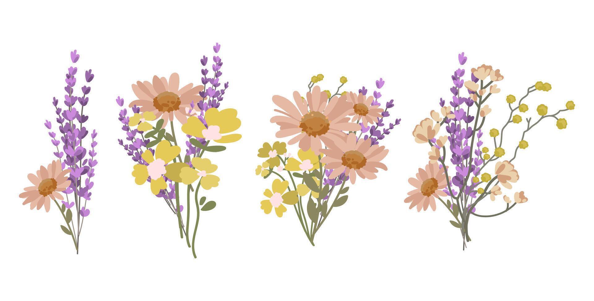 Elegant Wildflower Bouquets with Lavender and Daisies. illustration set of wildflower bouquets lavender, daisies, and buttercups for wedding invitations, botanical prints, packaging vector