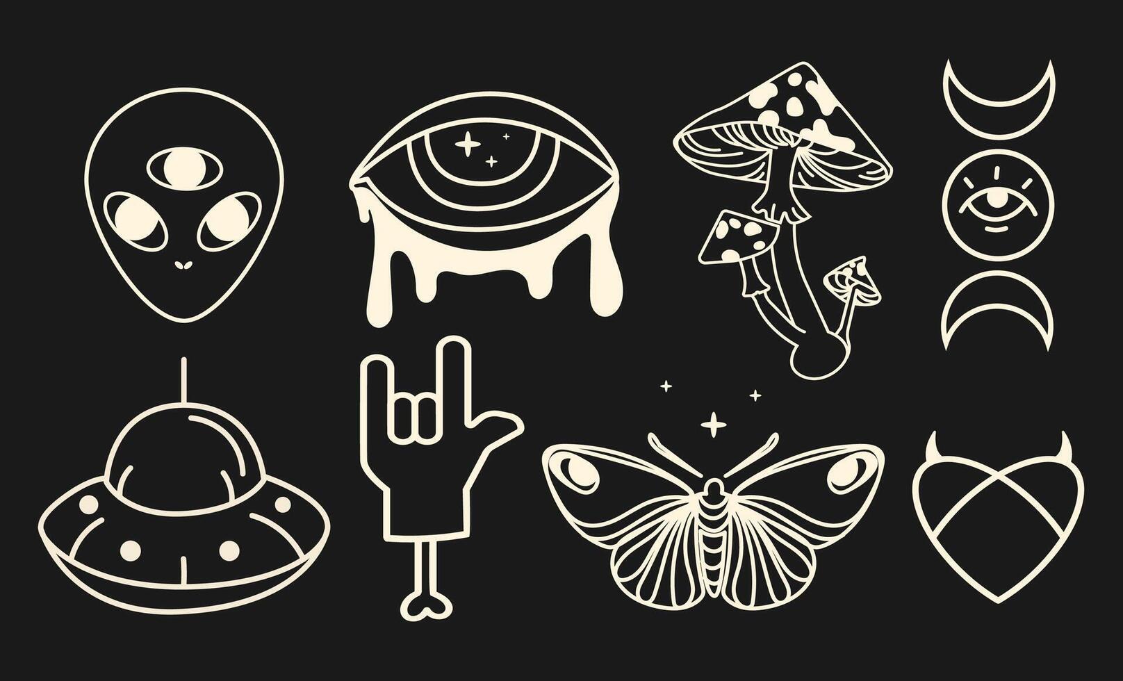 Esoteric icon with UFO, butterflies, moons. Surreal psychedelic drawing. Psychedelic aesthetics set. Alternative witch linear symbols vintage style for gothic,boho, psychedelic designs. vector