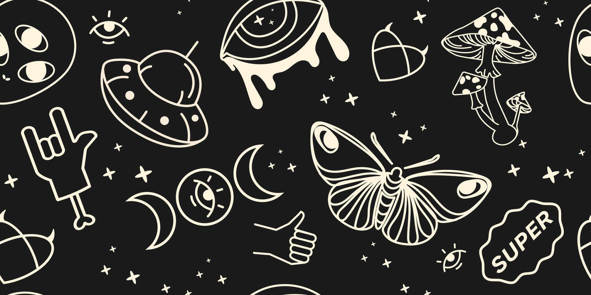 Mystic seamless pattern with UFOs, mushrooms, eyes, moon, butterflies,esoteric symbols tattoo style on a black. Perfect for alternative and boho designs print, wallpaper, fabric. illustration vector