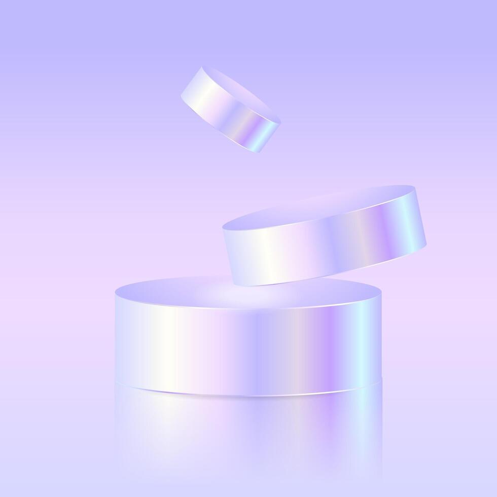 Floating iridescent holographic cylinders with a metallic sheen on a gradient background. Modern and futuristic design for product display, branding, and digital artwork. Abstract illustration vector