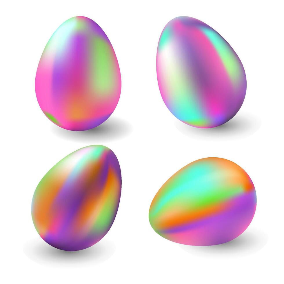 Vibrant holographic eggs Set with reflections. 3D iridescent Easter eggs different positions on a white for holiday decorations, digital art, greeting, festival graphics, creative design. vector