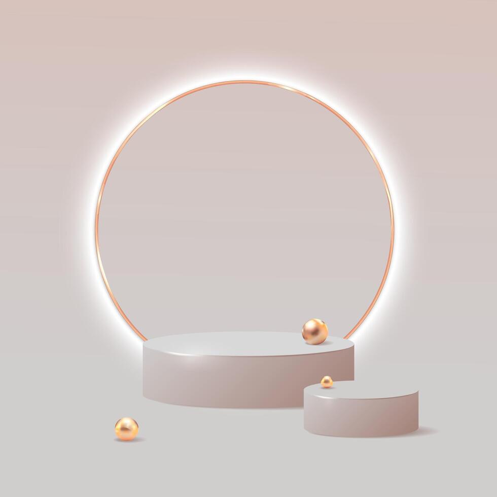 Minimalist 3D podium with a glowing frame and golden spheres on a soft beige background. Elegant illustration for product displays, branding, presentation, luxury design, cosmetics, promotion vector