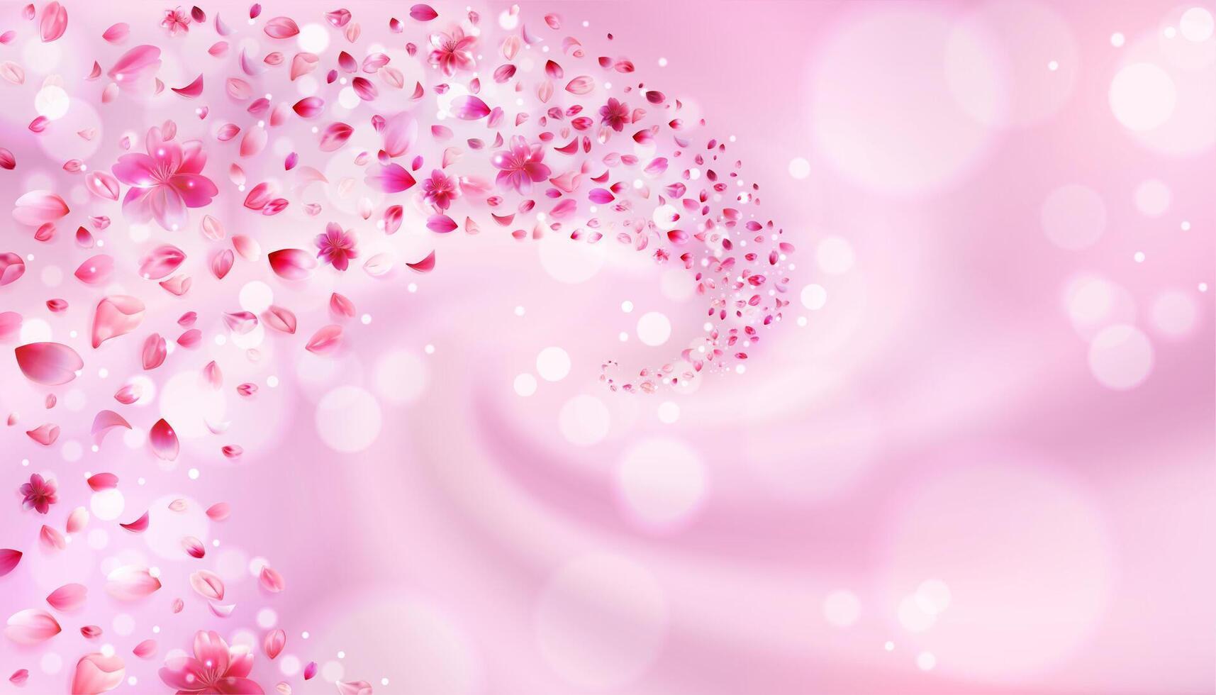 Elegant stock illustration of sakura petals swirling in the wind on a soft pink background. The composition creates a dreamy and romantic atmosphere, ideal for greeting cards, invitations, and seasonal designs. vector