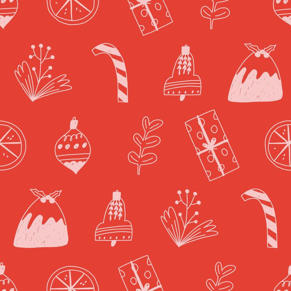 Cute winter seamless pattern, illustration. Hand drawn doodles of Christmas ornaments, pudding, flowers, candy cane, orange, gift box. Pattern for wrapping paper. vector