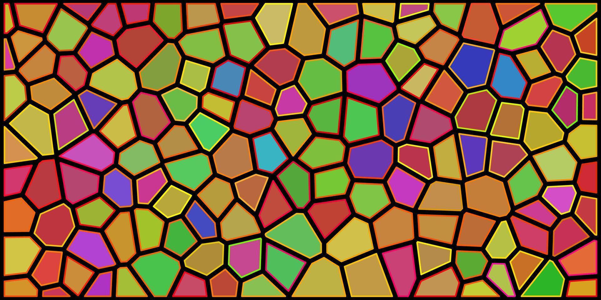 A vibrant, colorful stained glass pattern with irregular polygonal shapes outlined in bold black and gold lines. The mosaic design features a mix of red, green, blue, yellow, and purple hues. vector