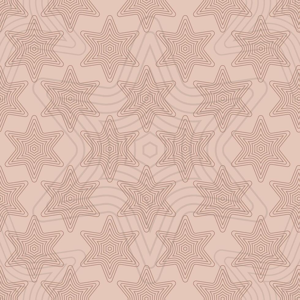 Abstract mid-century linear seamless pattern with geometric star shapes on a mocha colored mousse background evoking a soft brown color. vector