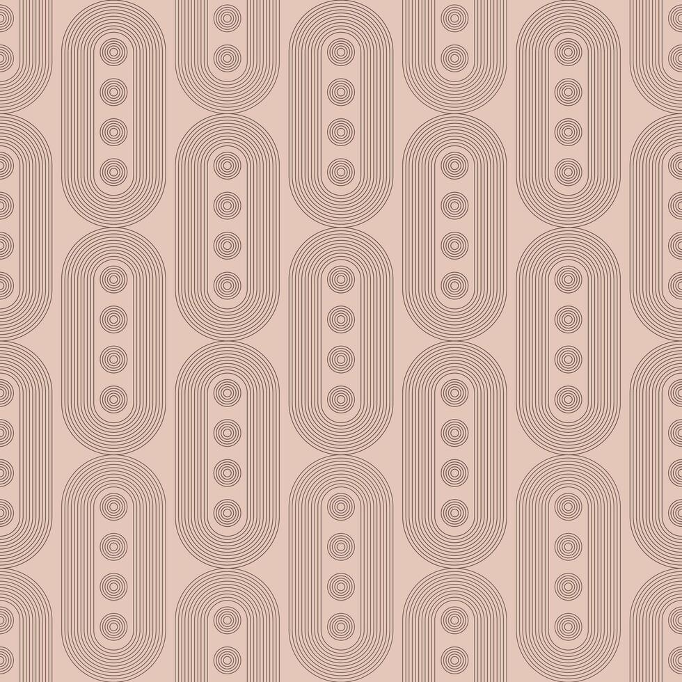 Abstract mid-century linear seamless pattern with geometric shapes oval arches on a mocha colored mousse background evoking a soft brown color. vector
