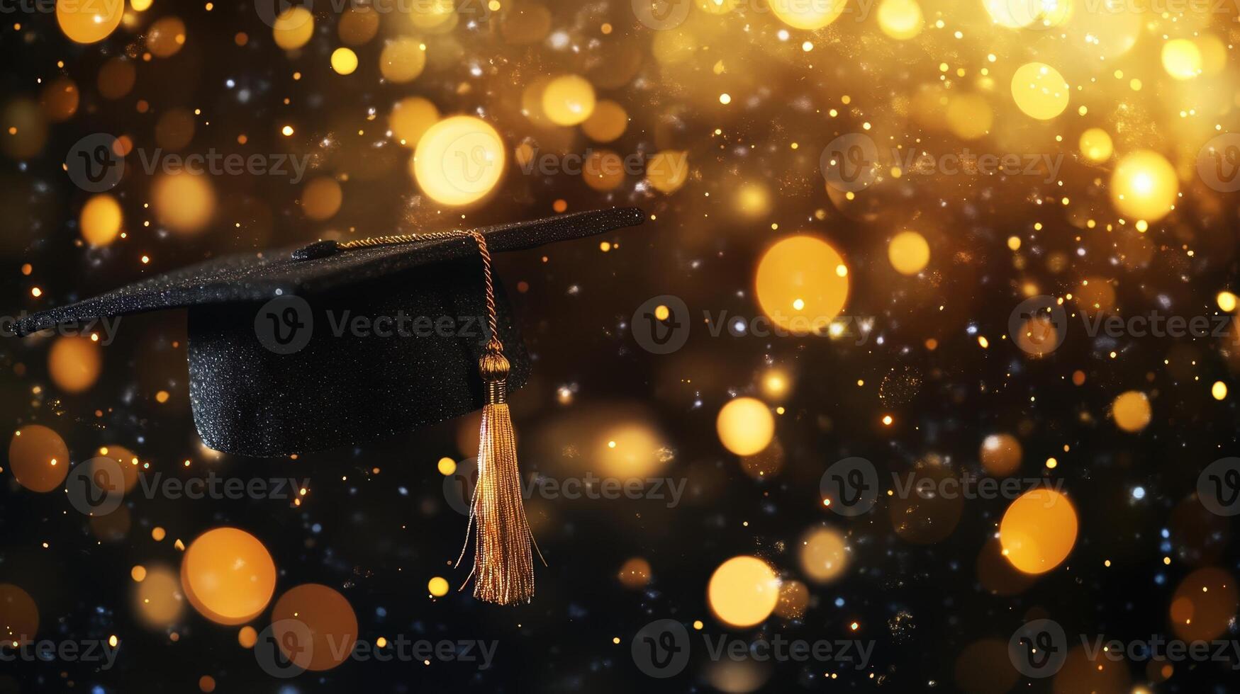 Graduation cap with gleaming tassel hovering above blurred festive lights, representing academic achievement and educational milestone photo