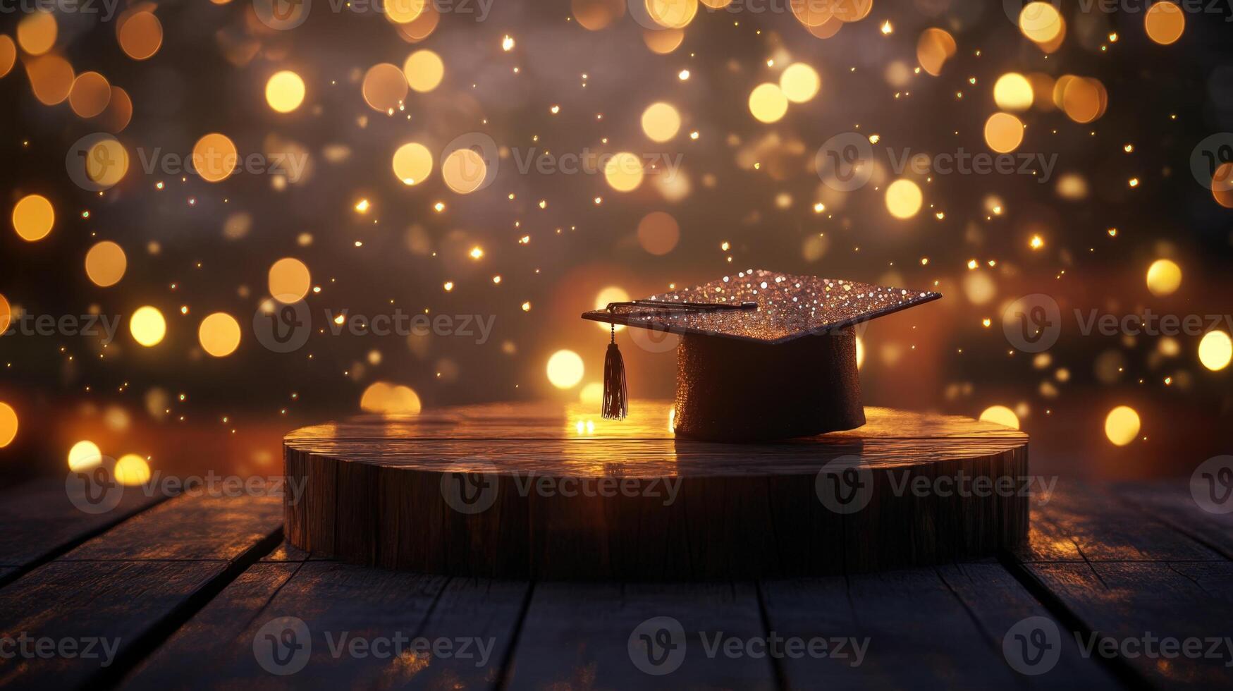 Graduation cap with gleaming tassel hovering above blurred festive lights, representing academic achievement and educational milestone copy space for your text photo