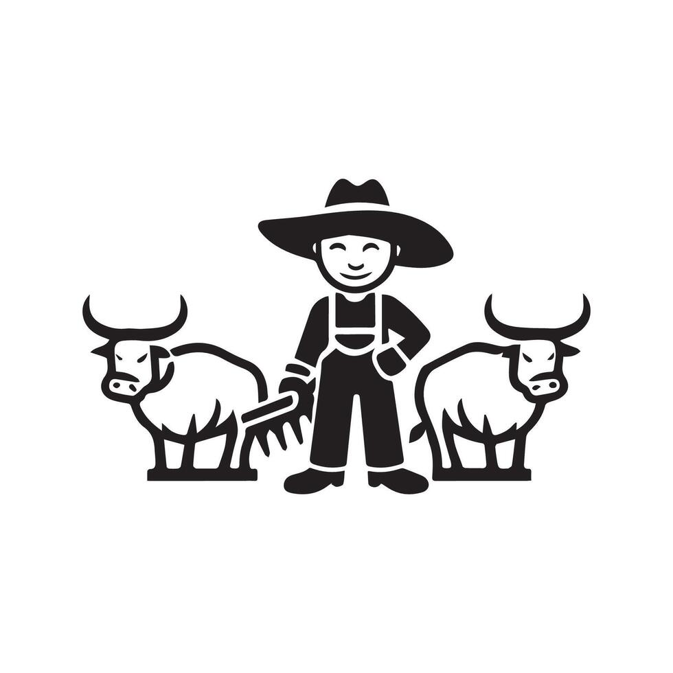Farmer farming with bulls simple high contrast with background vector