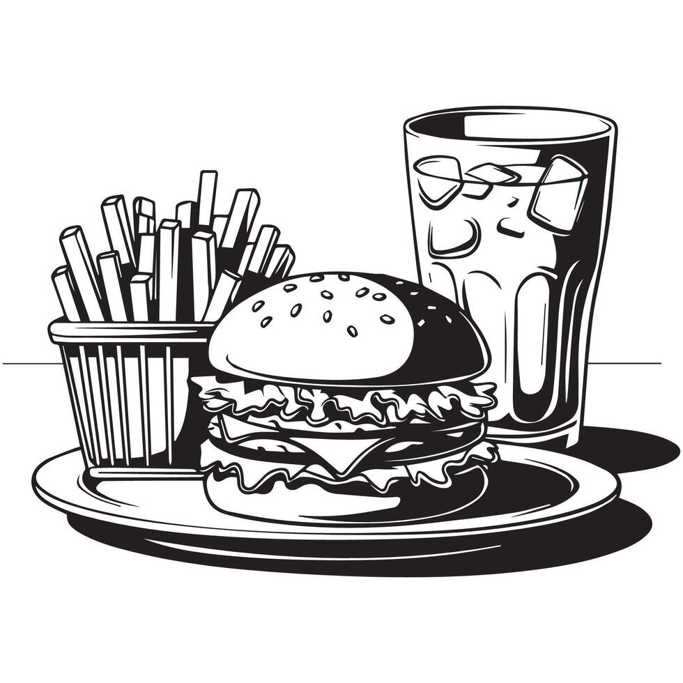 Hamburger Fries and Soda Line Art for Clean Coloring Pages vector