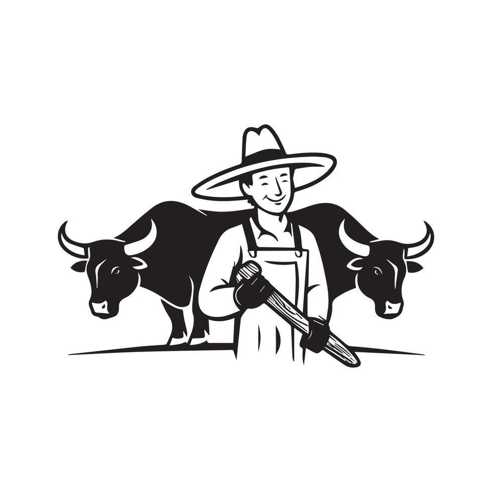 Silhouettes of Farmer farming with bulls simple high contrast vector
