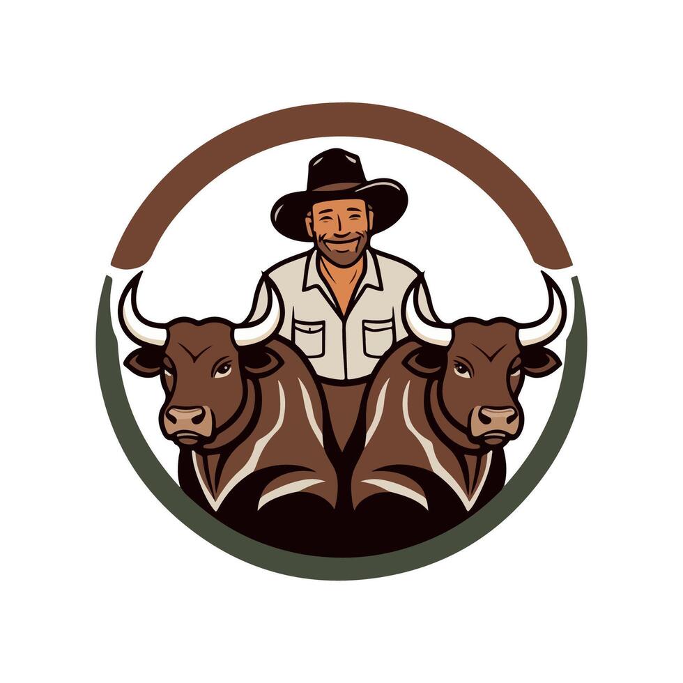 Farmer farming with bulls simple high contrast illustration vector