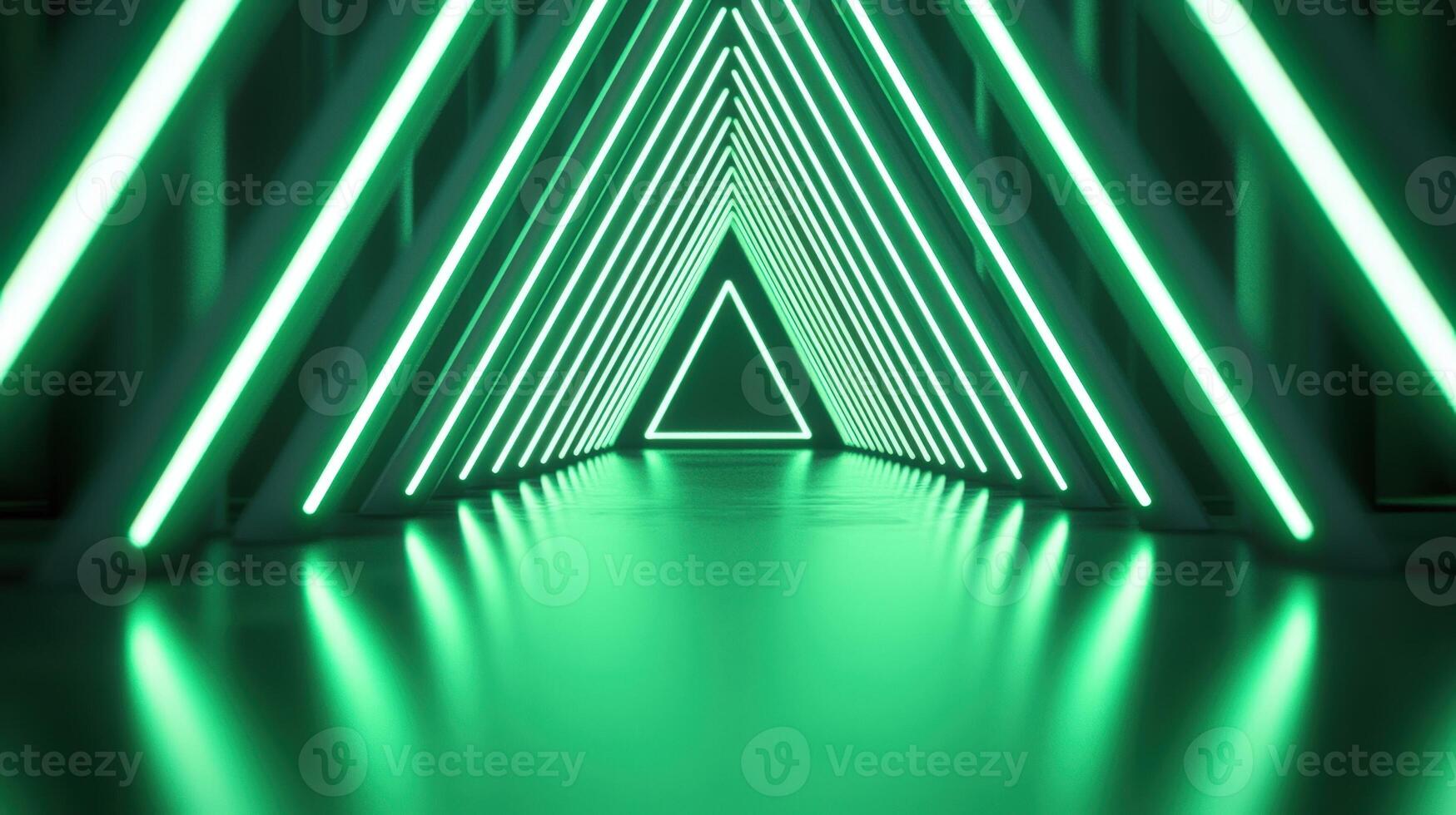 3d Glowing Abstract green neon triangles creating futuristic tunnel with metallic surface background photo